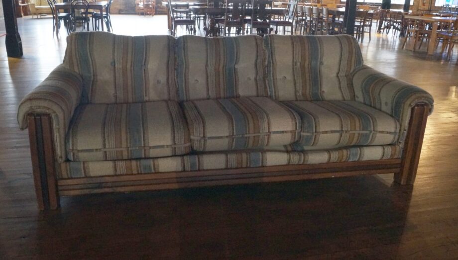 Brown and Tan Striped Couch w Wood Trim