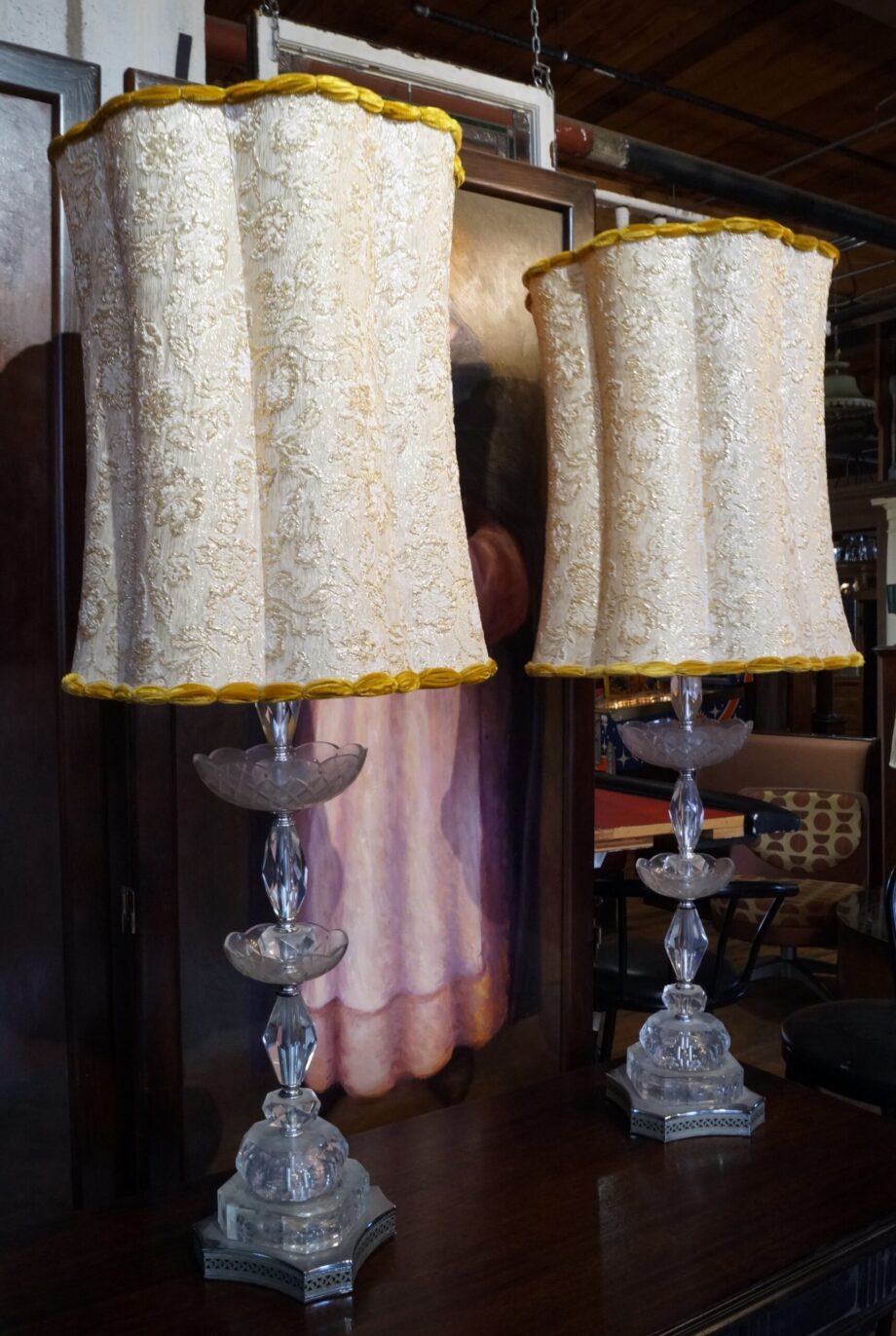 Cut Glass w Gold and Silver Shade Table Lamp PAIR