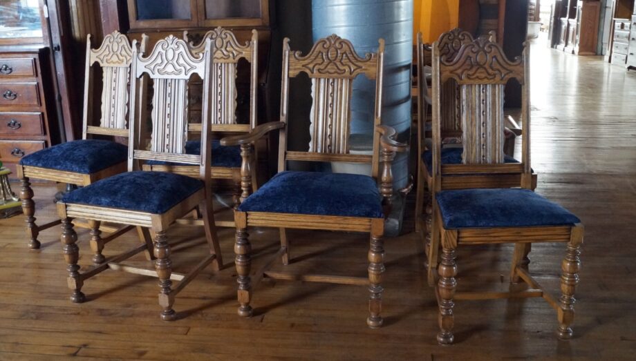 Wood Dining Chairs w Blue Fabric and Carved Backs