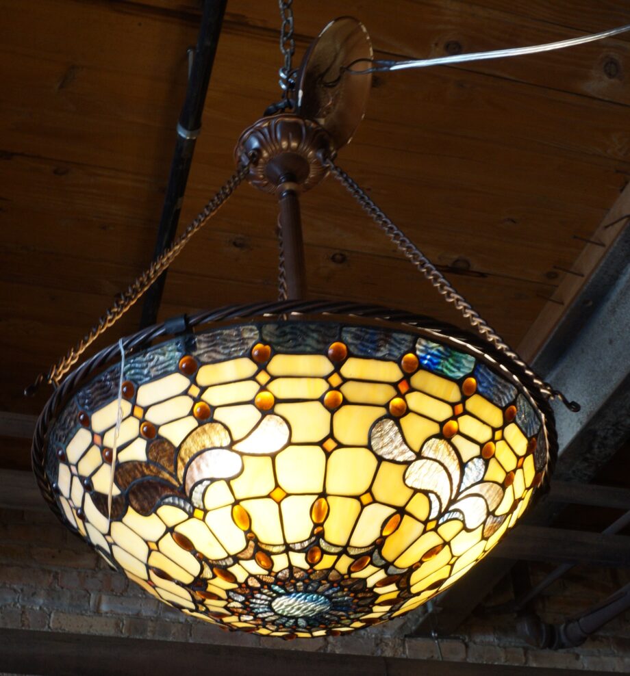 Tan and Black w Rope Accent Leaded Glass Hanging 3 Light