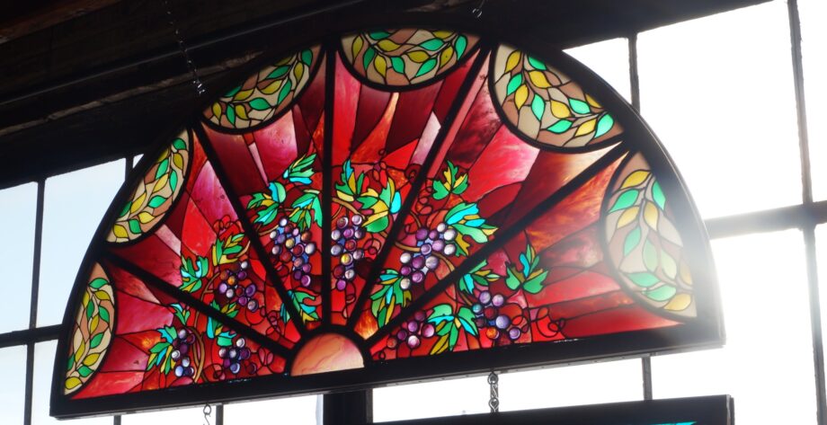 Red Arched Stained Glass w Grapes