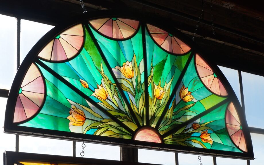 Green Arched Stained Glass w Orange Tulips