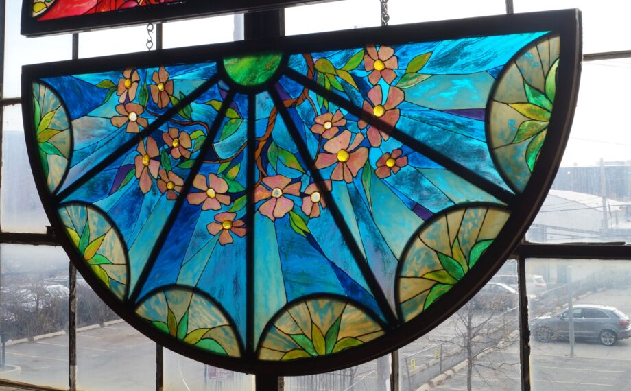 Blue Arched Stained Glass w Pink Flowers