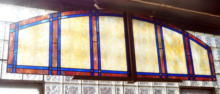 Arched Yellow Blue and Brown Stained Glass