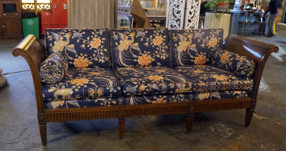 Empire Style Sofa w Rolled Arms and Blue Peacock Fabric