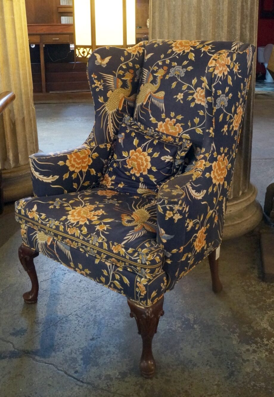 Chippendale Style Wingback Chair w Blue Peacock Fabric