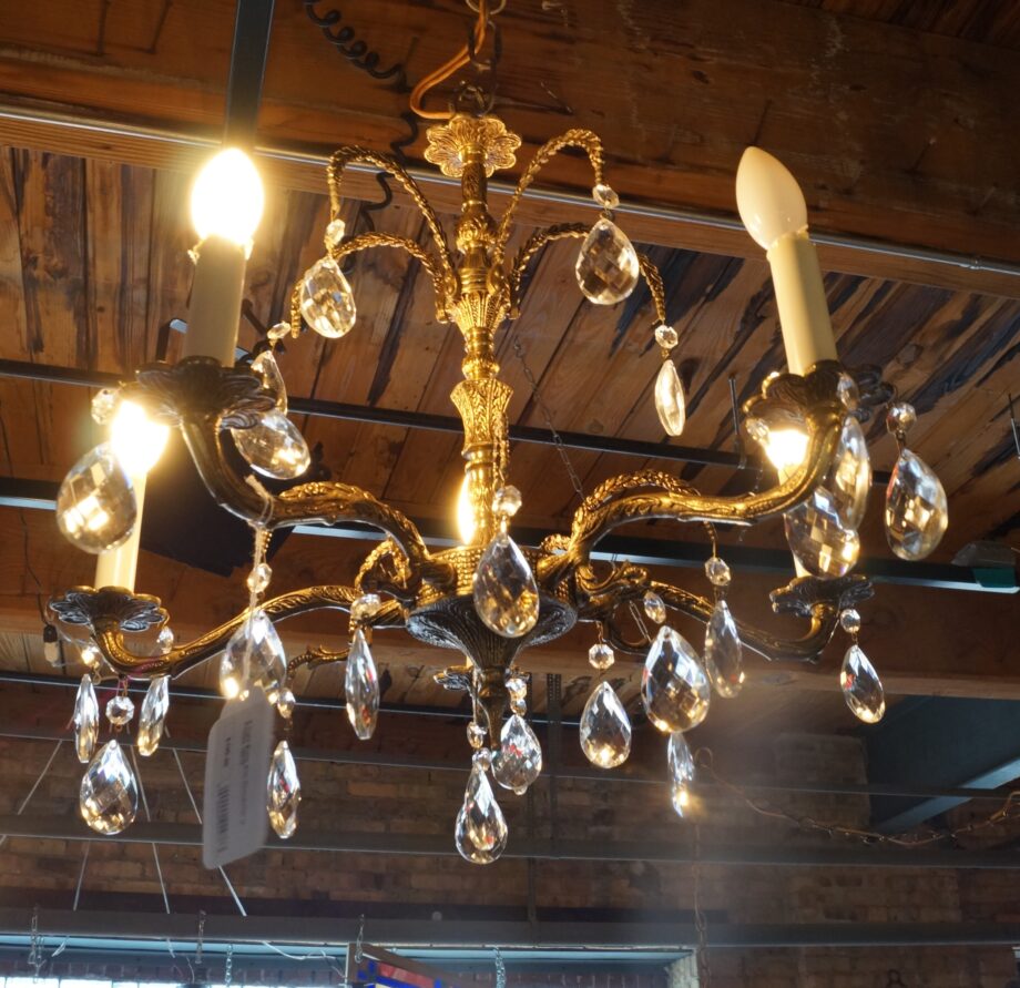 5 Light Brass Arm Chandelier w Prisms