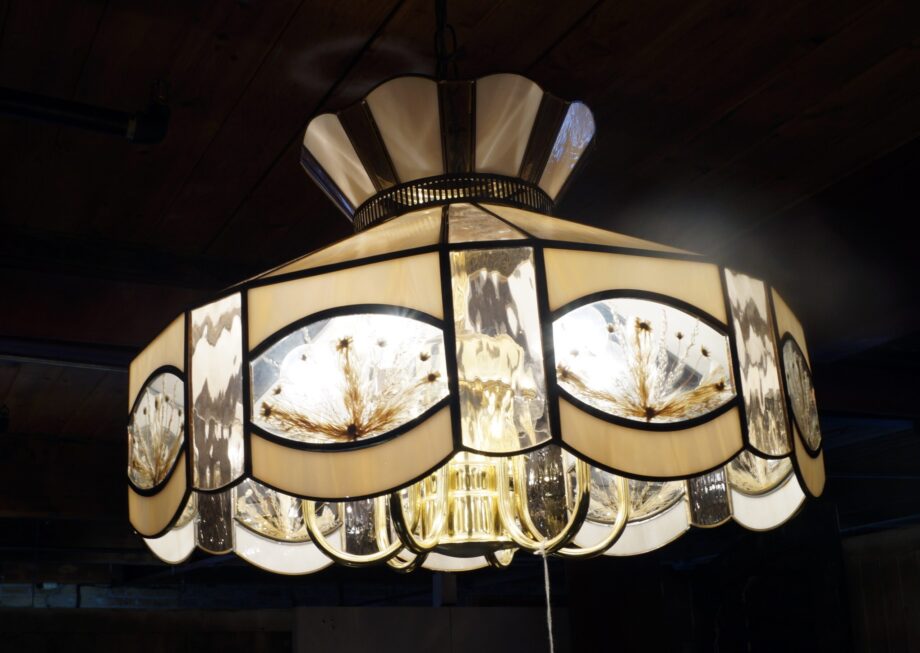 Brown and Cream Stained Glass Hanging Light w Dried Flowers