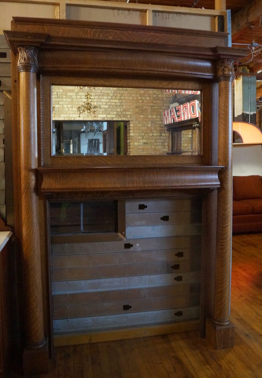 Quarter Sawed Mantel w Columns and Beveled Mirror