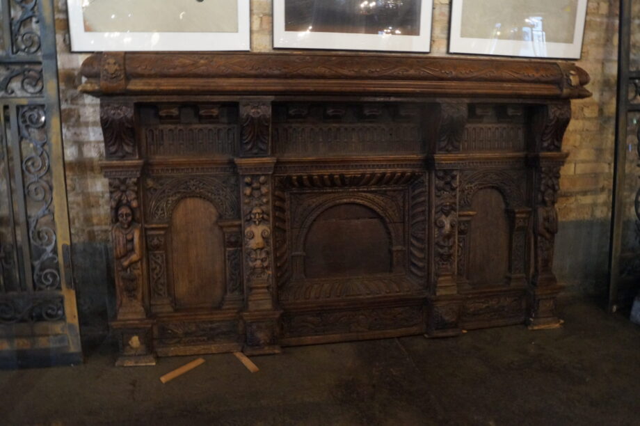 Ornate Carved Mantel Top w Lion Heads and Figures