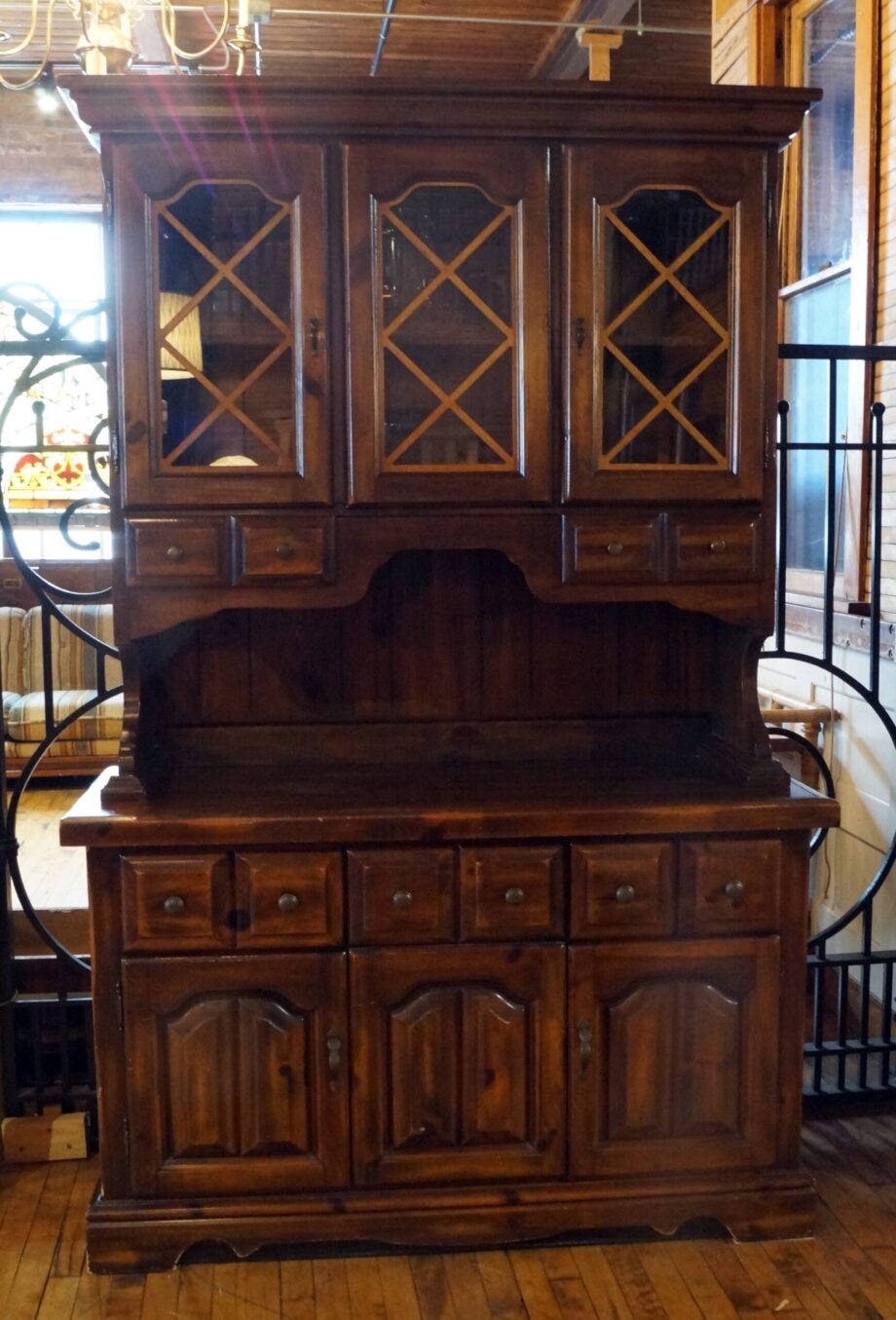 Dark Wood Hutch w 3 Glass Doors