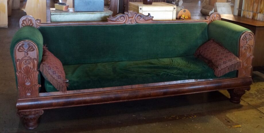 Emerald Green Couch w Carved Wood Accents