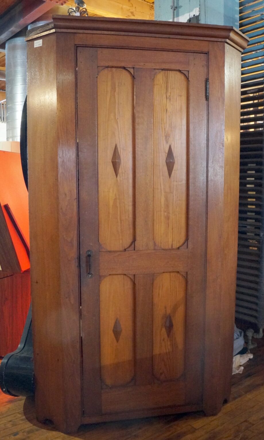 Large Wooden Corner Cabinet w Diamond Detail