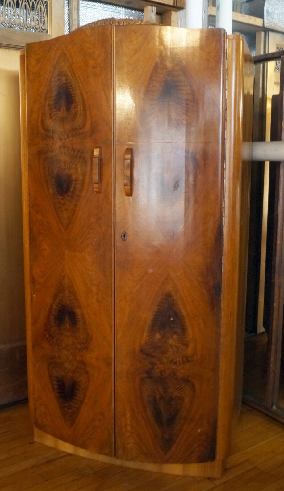 Wooden Armoire w Burl Pattern and Carved Top