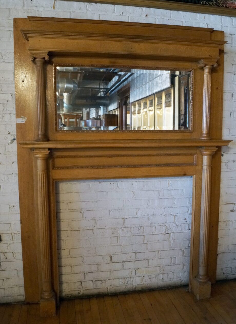 Light Wood Mantel w Columns and Beveled Glass