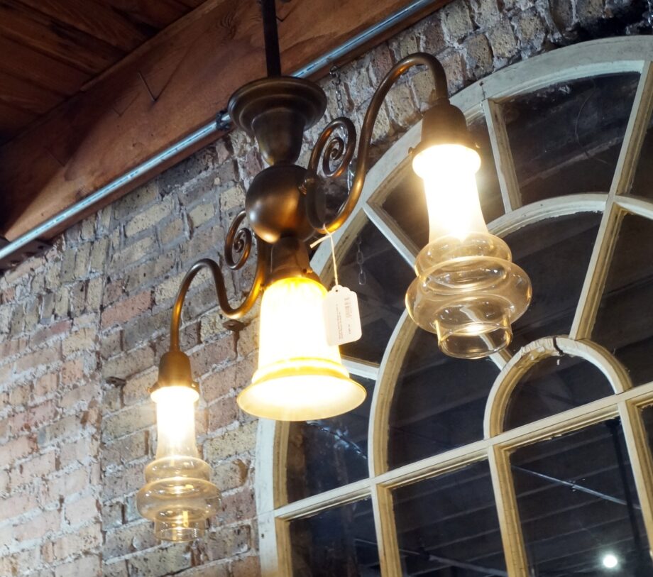 Hanging Swirled Brass 3 Light w Amber Shade