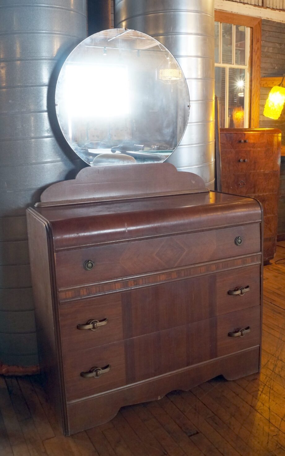 Waterfall Dresser w Deco Handles and Circle Mirror