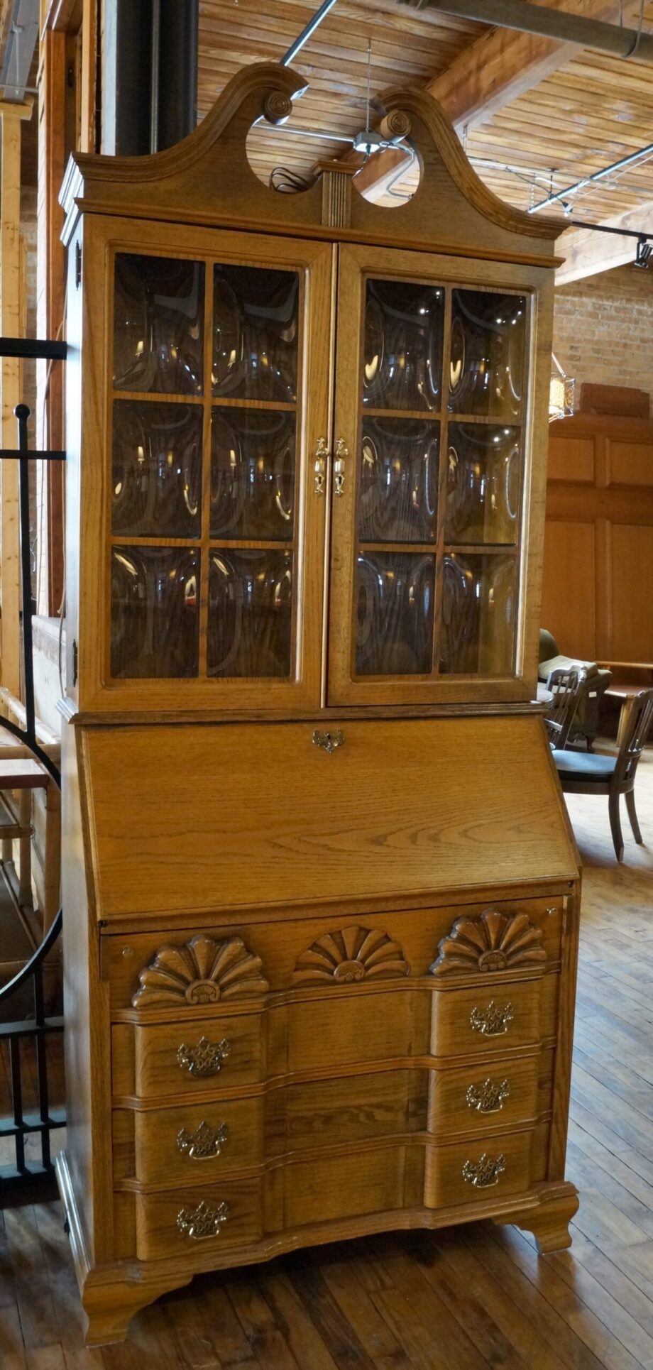 Secretary Desk w Shell Carvings and 2 Glass Doors