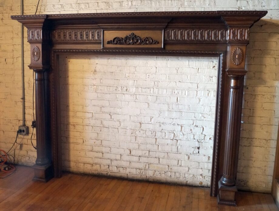 Tall and Wide Dark Wood Half Mantel w Columns and Ornate Carvings