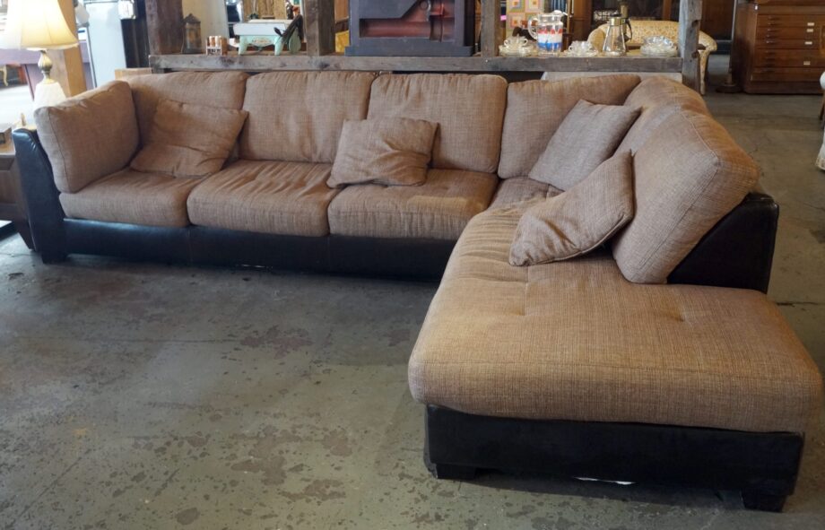 Brown Leather Backed Taupe Sectional