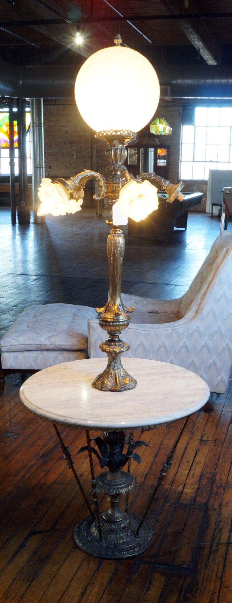 Marble Top Brass Light Table with Flower Shades