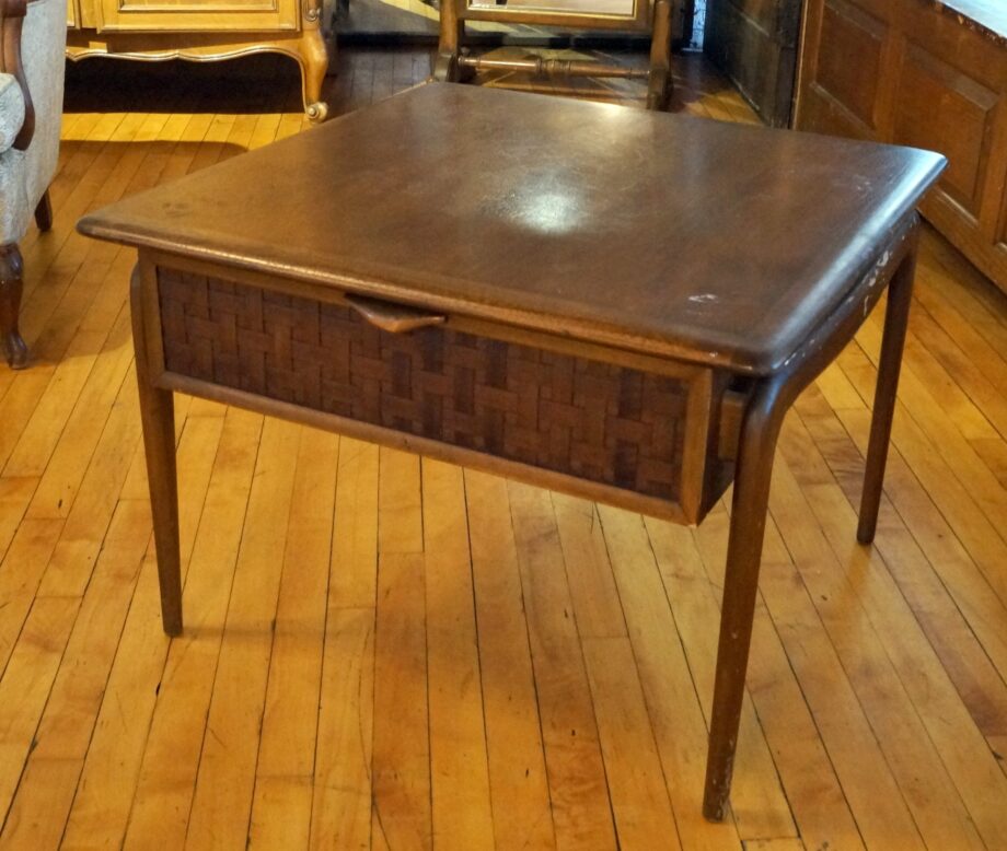 Wide Wood Side Table w Woven Drawer