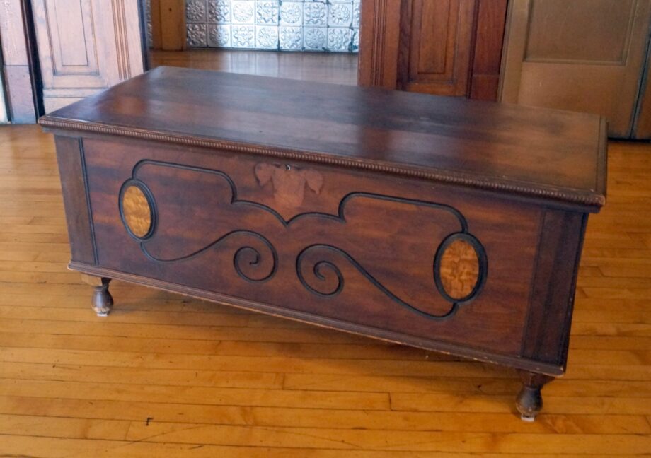 Dark Wood Cedar Chest w Carved Front and Legs