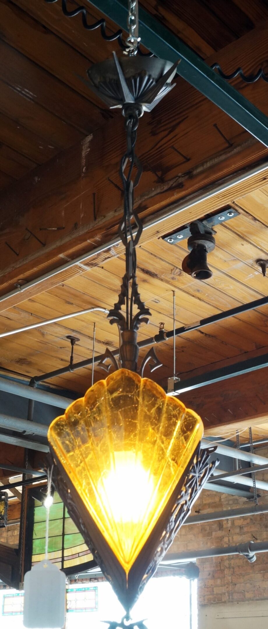 Art Deco Hanging Light w Amber Shell Glass