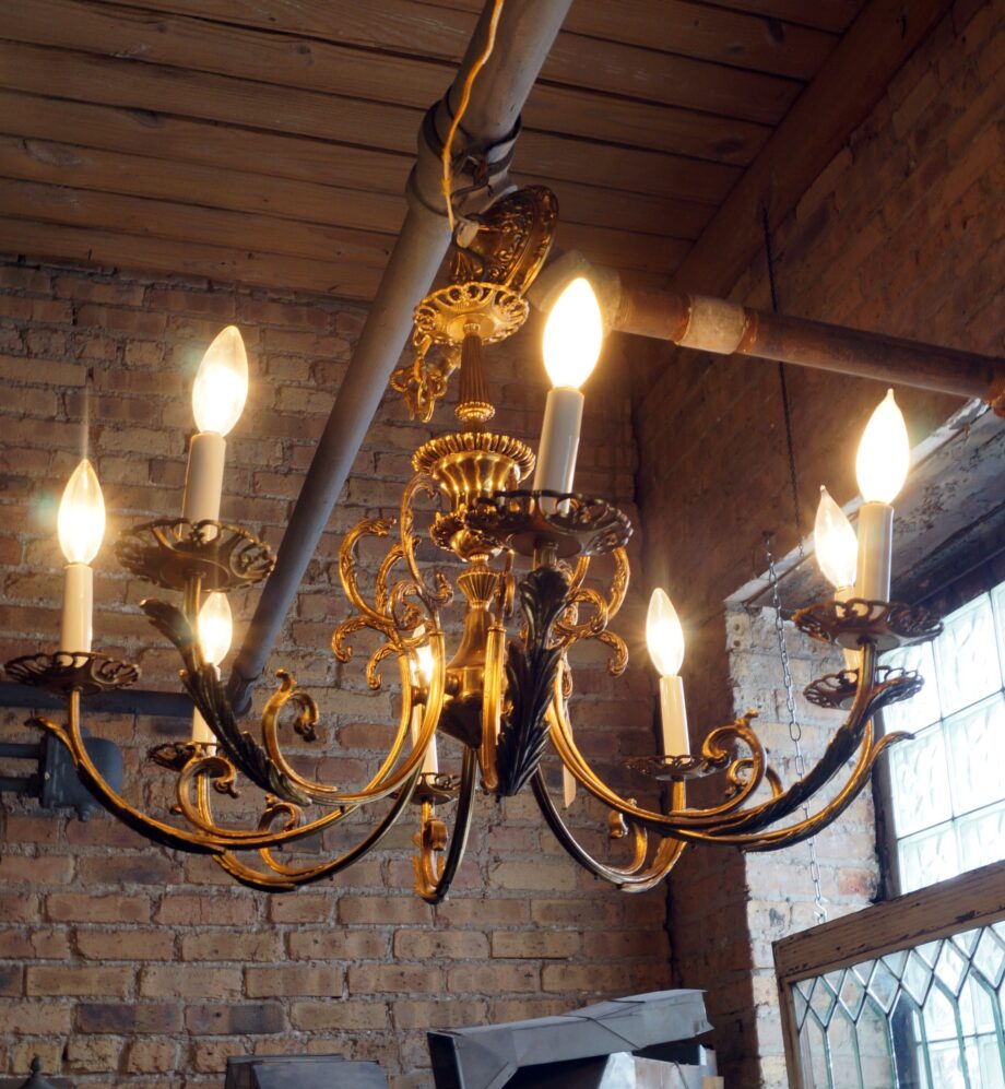 8 Lite Spanish Style Brass Chandelier w Leaf Detail