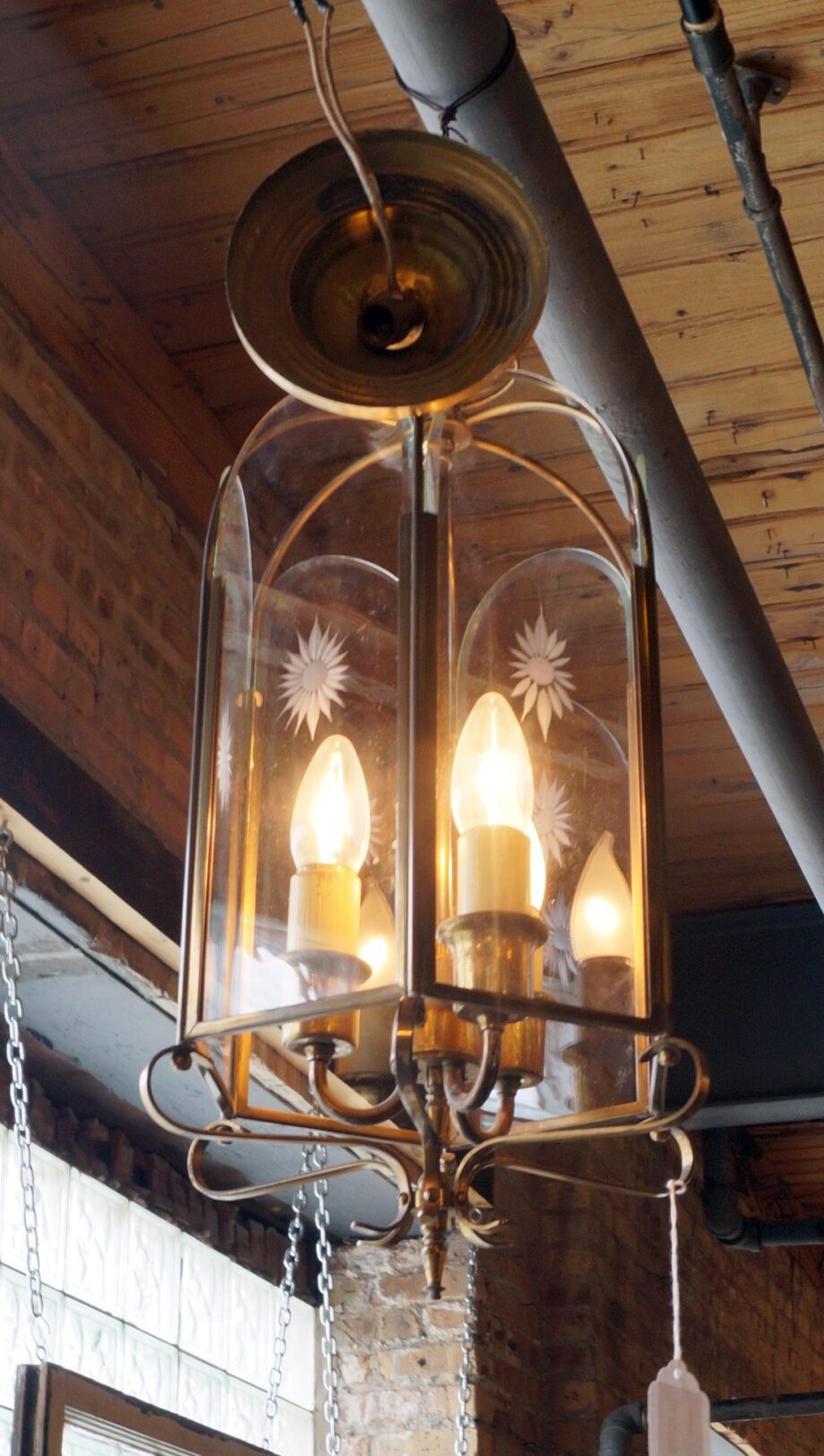 3 Lite Etched Glass Lantern Hanging Light