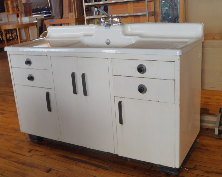 Vintage White Farmhouse Sink w Metal Cabinet Stand