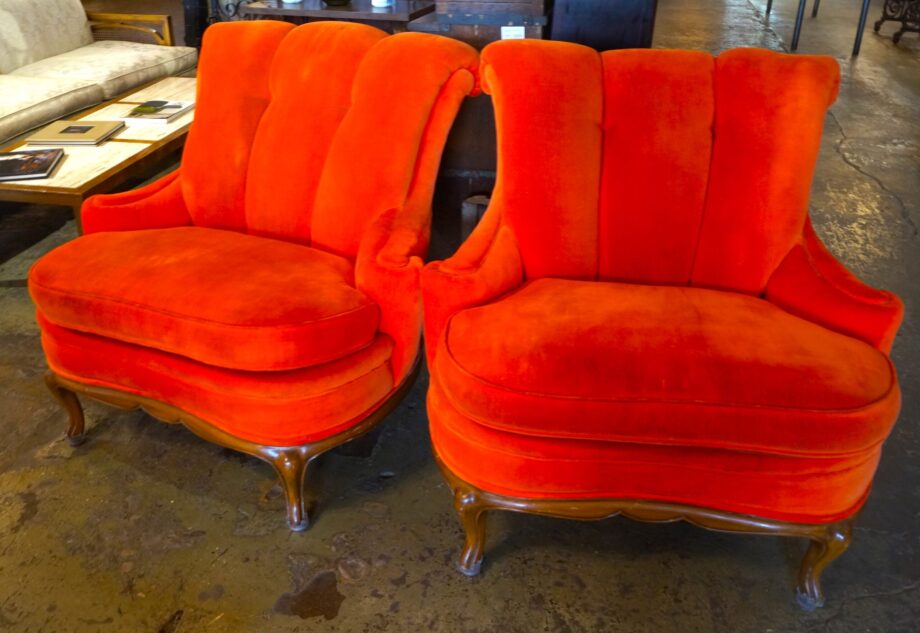 Bright Orange Velvet Shell Chair Pair