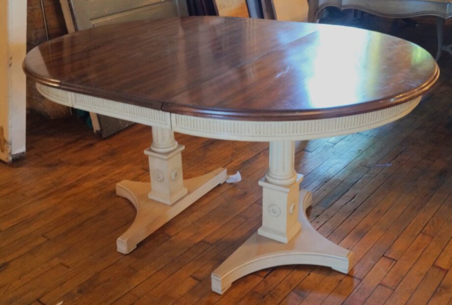 Oval Dining Table w Whitewash Pedestal Base and Three Leaves