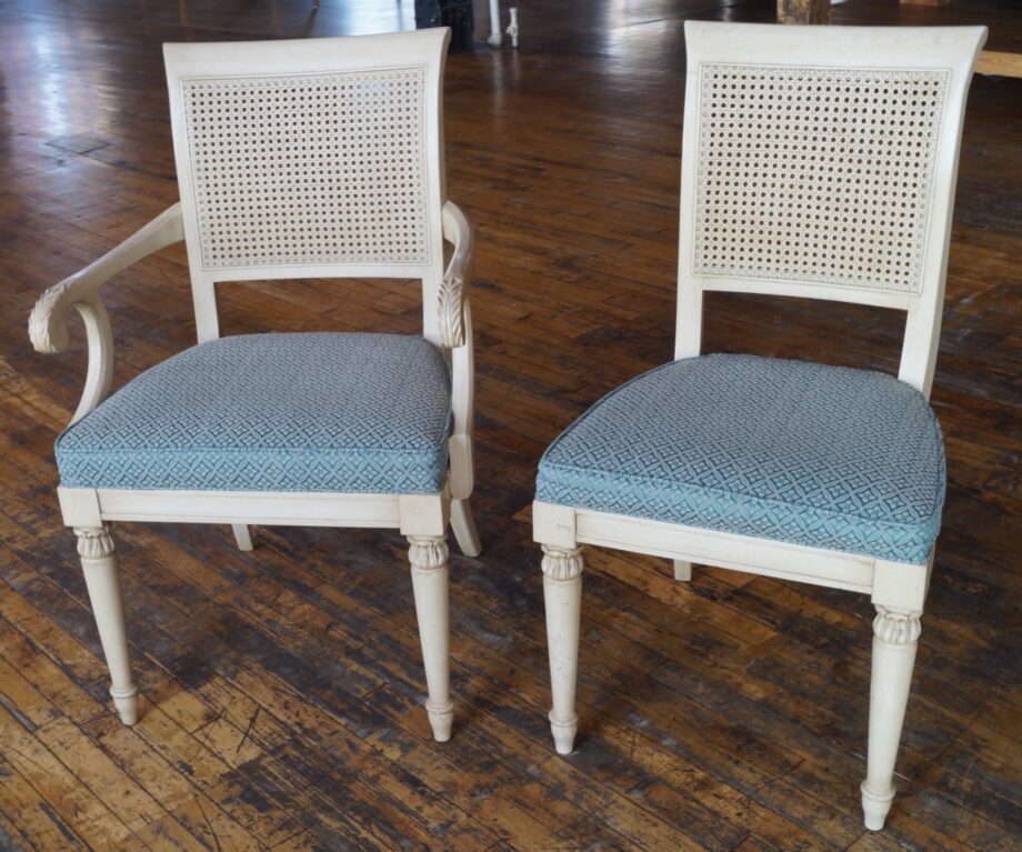 White Washed Cane Back Chair w Blue Pattern Seat