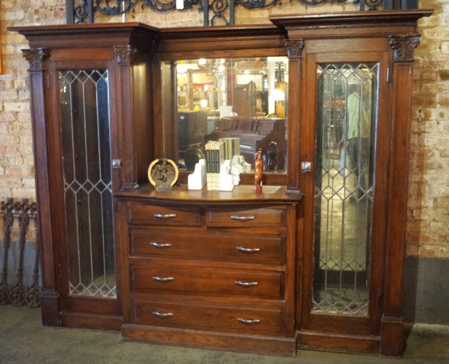 Large Ornate Built In w Leaded Glass Doors and 5 Drawers