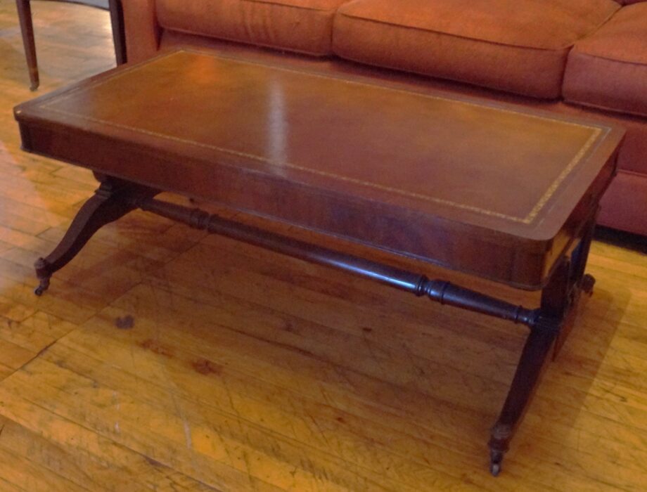 Leather Top Coffee Table w Floral Trim and Harp Legs