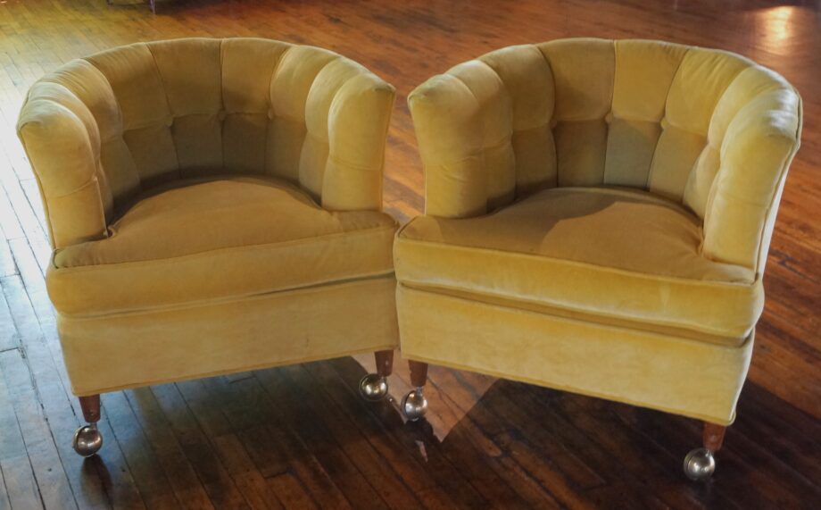 Light Yellow Barrel Chairs w Tufted Backs