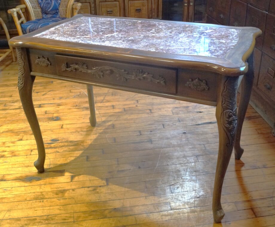 Pink Marble Inlay Table w Carved Legs and Pull Out Tray