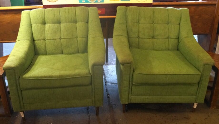 Green Twill Tufted Chairs PAIR