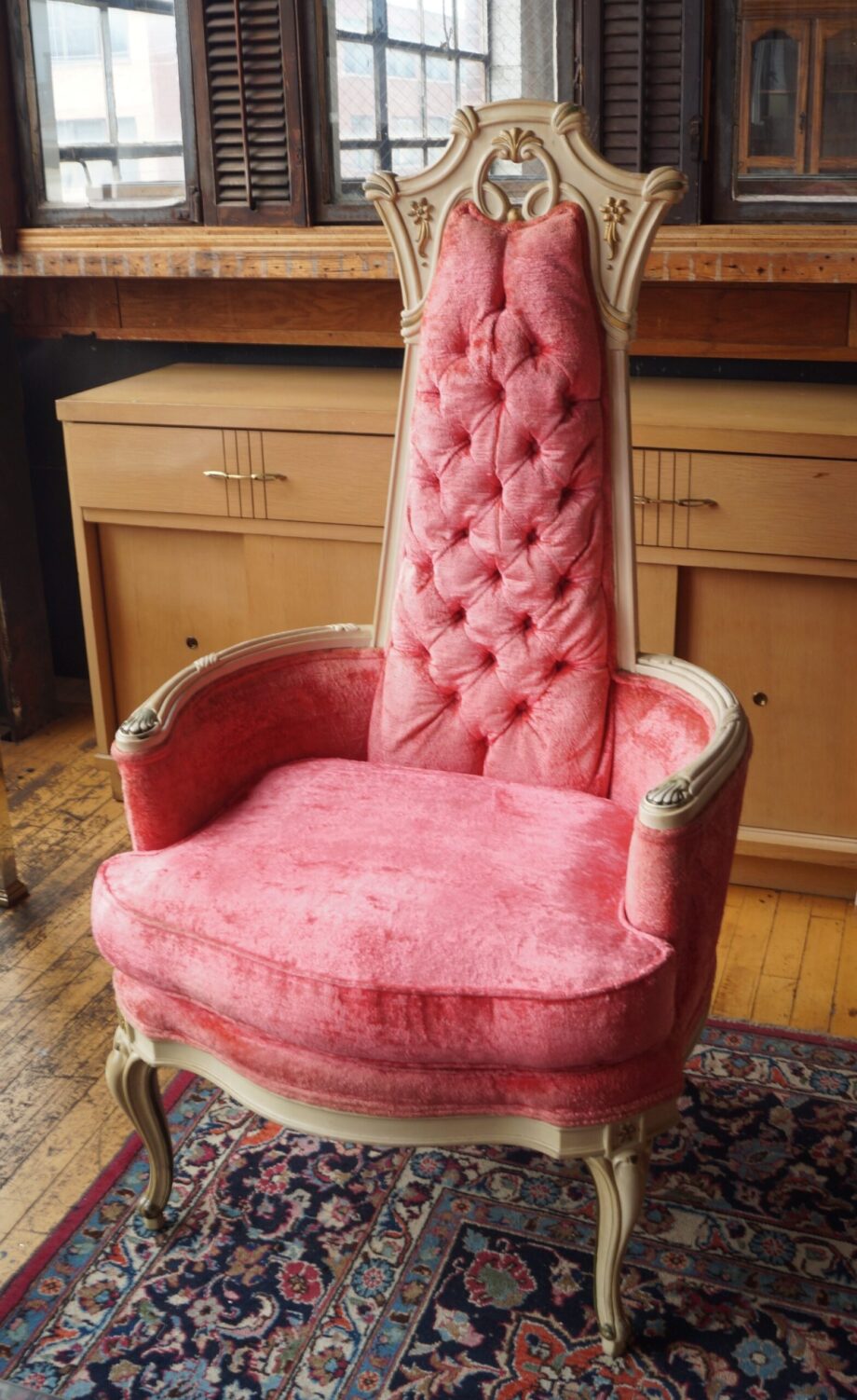 French Provincial Tall Narrow Back Chair w Pink Upholstery