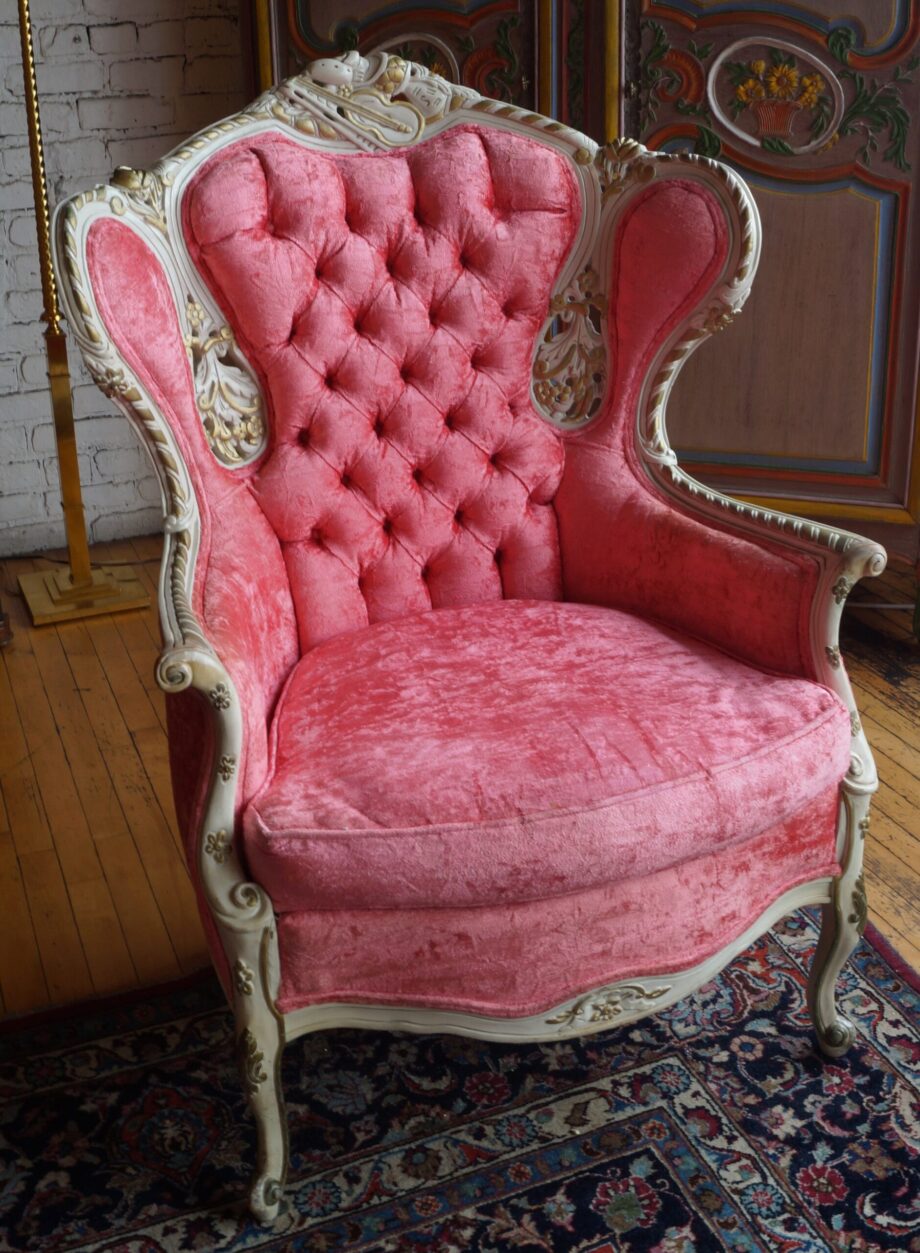 French Provincial Pink Upholstered Chair w Carvings