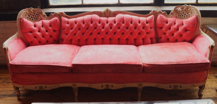 French Provincial Pink Upholstered Couch w Ornate Carvings