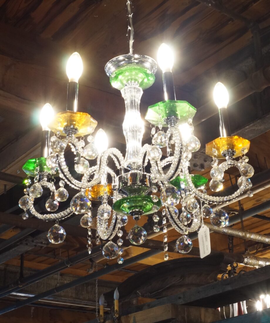 Contemporary Glass Chandelier w Green and Orange Dishes