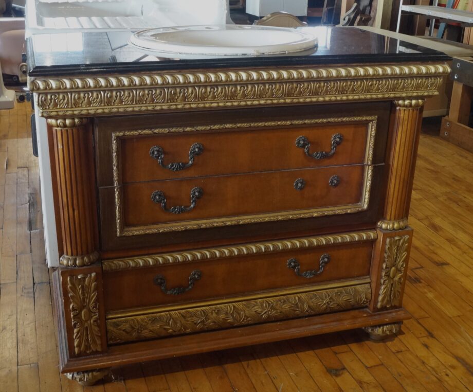 Ornate Sink Vanity w Black Stone Top and Gold Trim