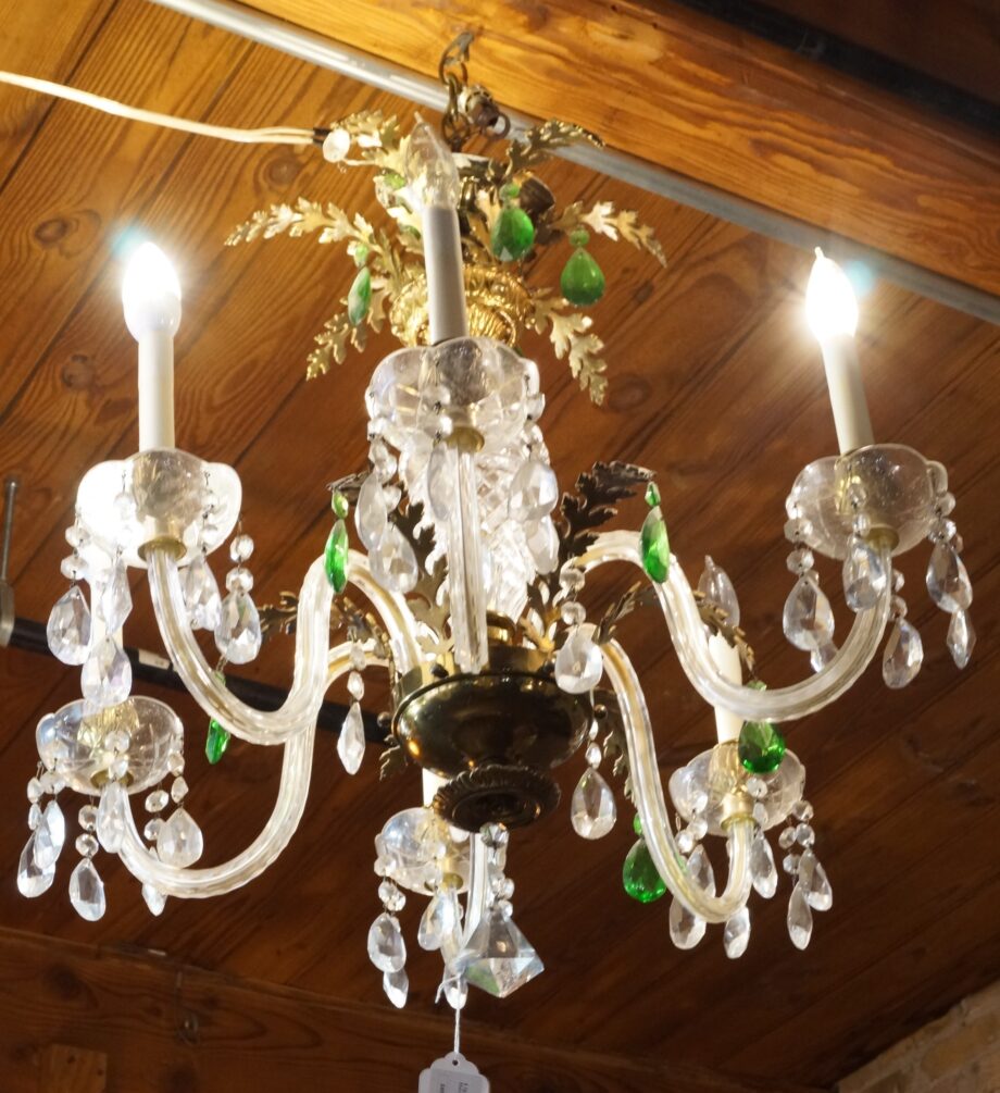 6 light Gold Leafed w Green Crystal Chandelier