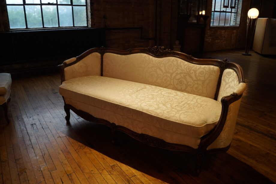 Wood Carved Accented White Couch