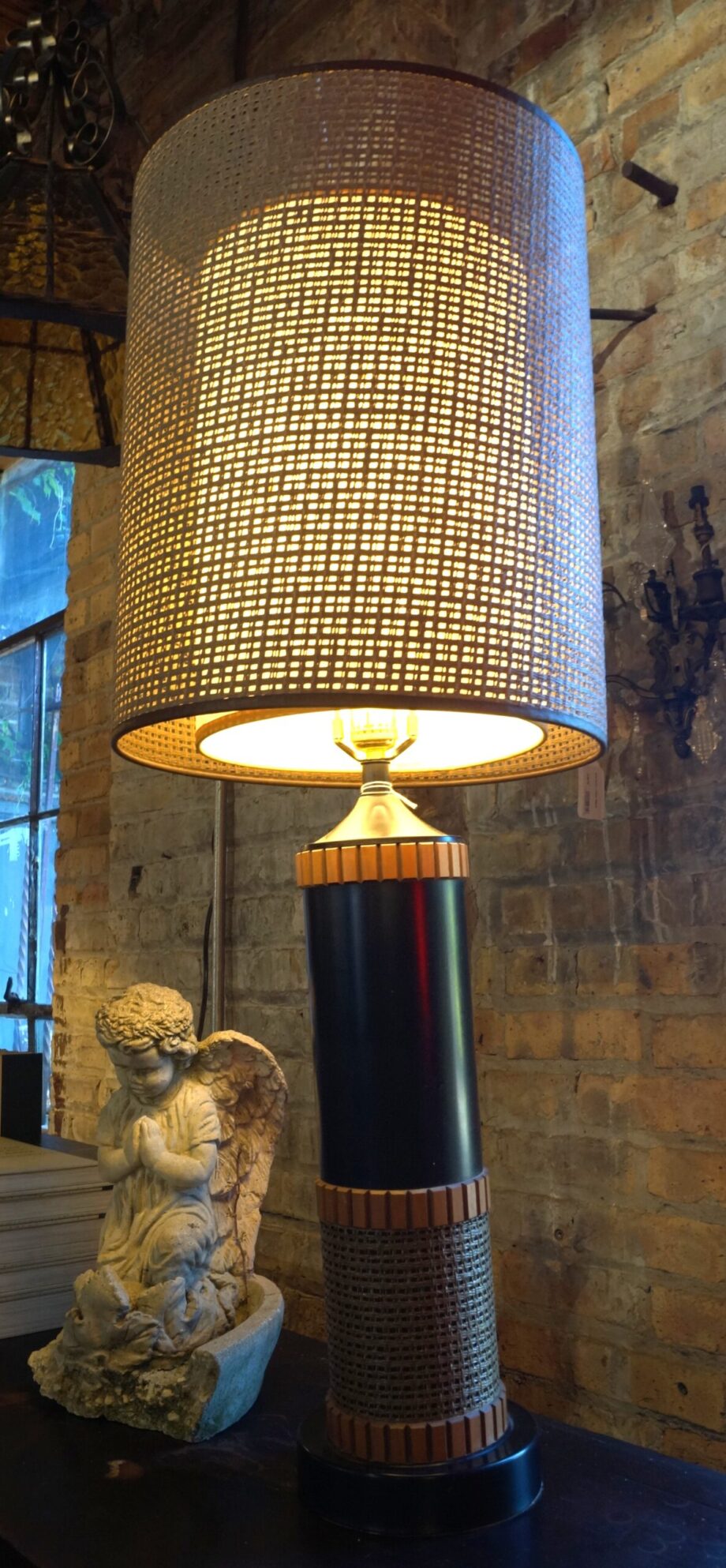 Black Table Lamp w Woven Accents and Shade PAIR