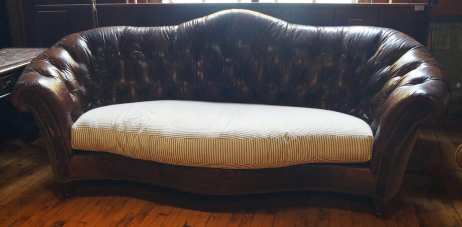 Leather Chesterfield Sofa w Striped Seat Cushion