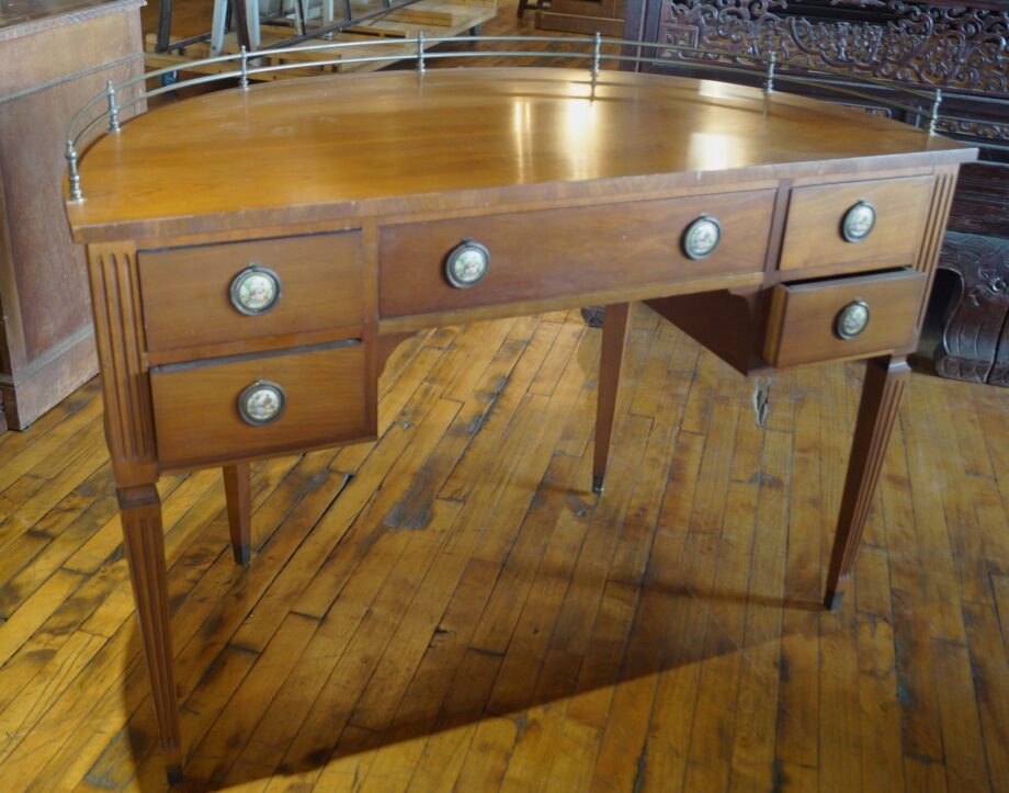 5 Drawer Half Moon Desk w Porcelain Pulls and Rail