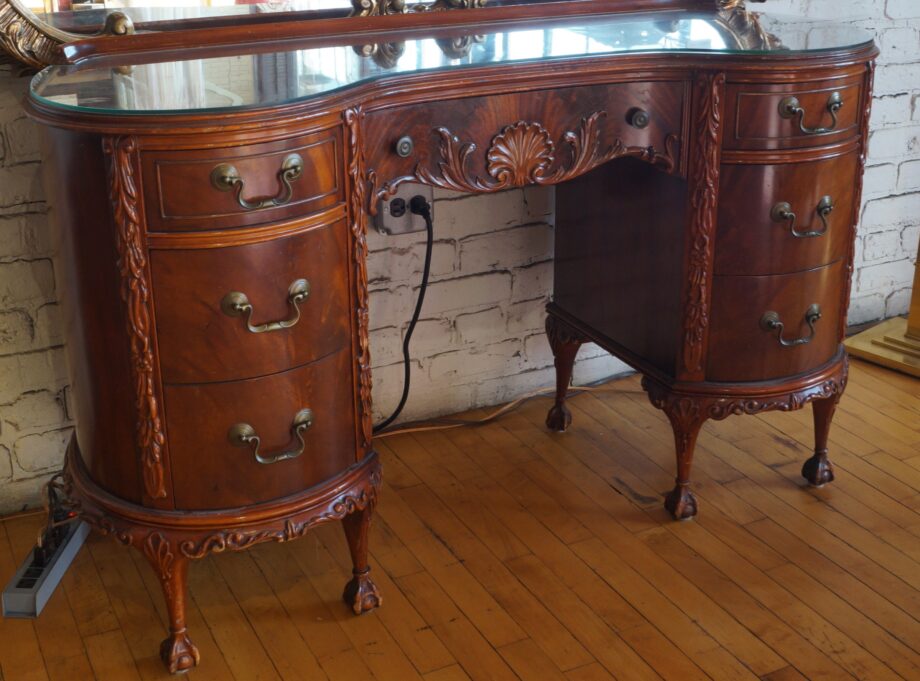 Antique Vanity w Glass Top and Wood Carvings